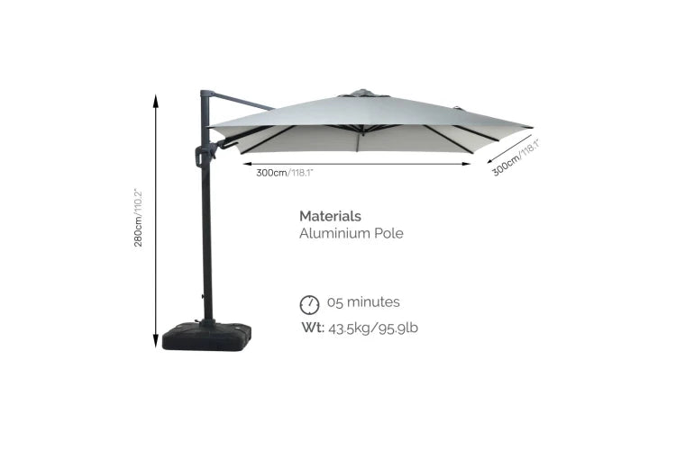 3m Deluxe Square Cantilever Aluminium Parasol Set - Grey
