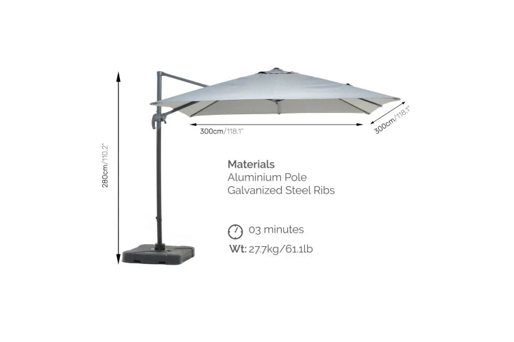 3m Square Cantilever Aluminium Parasol Set - Grey